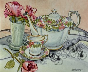 Teatime with Roses and a Cutwork Cloth by Unbekannt Unbekannt